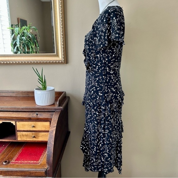 JOIE Orita Caviar Black Ruffled Floral Midi Dress Tiered Surplice V-Neck Size 6 - Picture 6 of 16